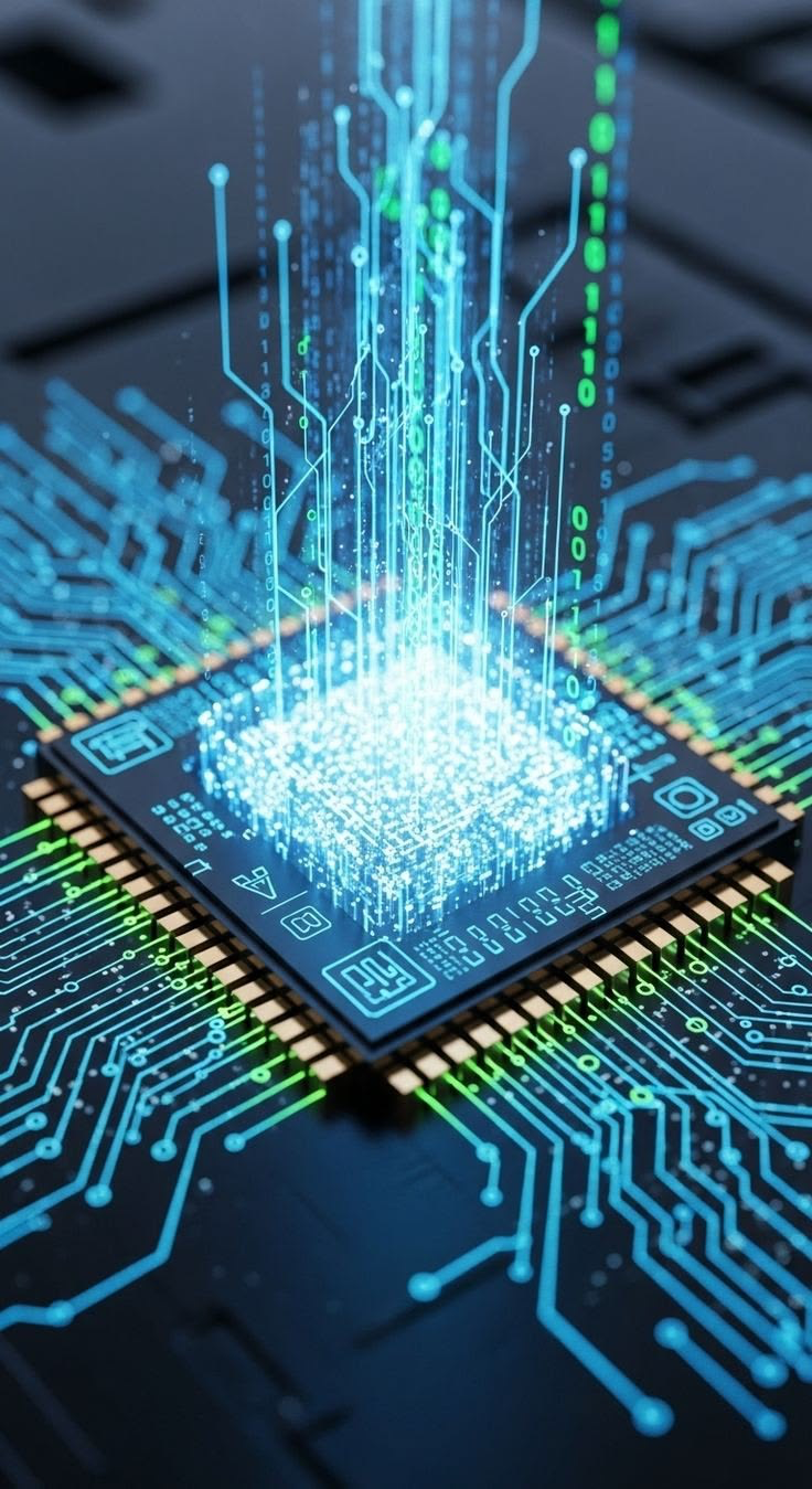 A glowing microchip streaming data upward on a circuit board