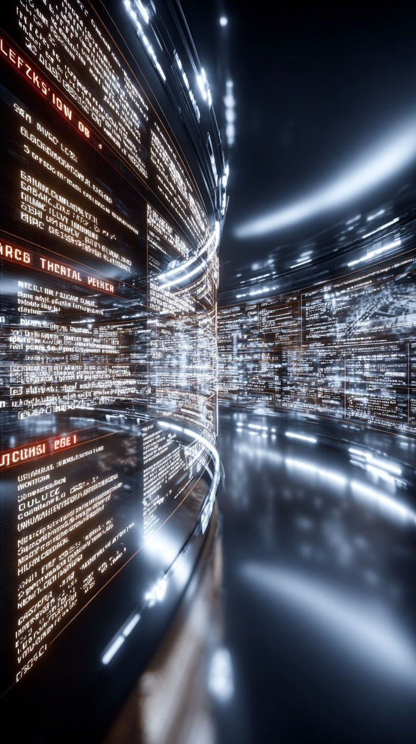 An immersive corridor of luminous code and data screens